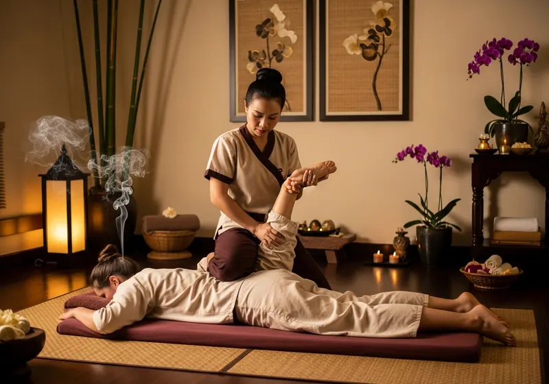 Therapist giving a traditional Thai stretching massage